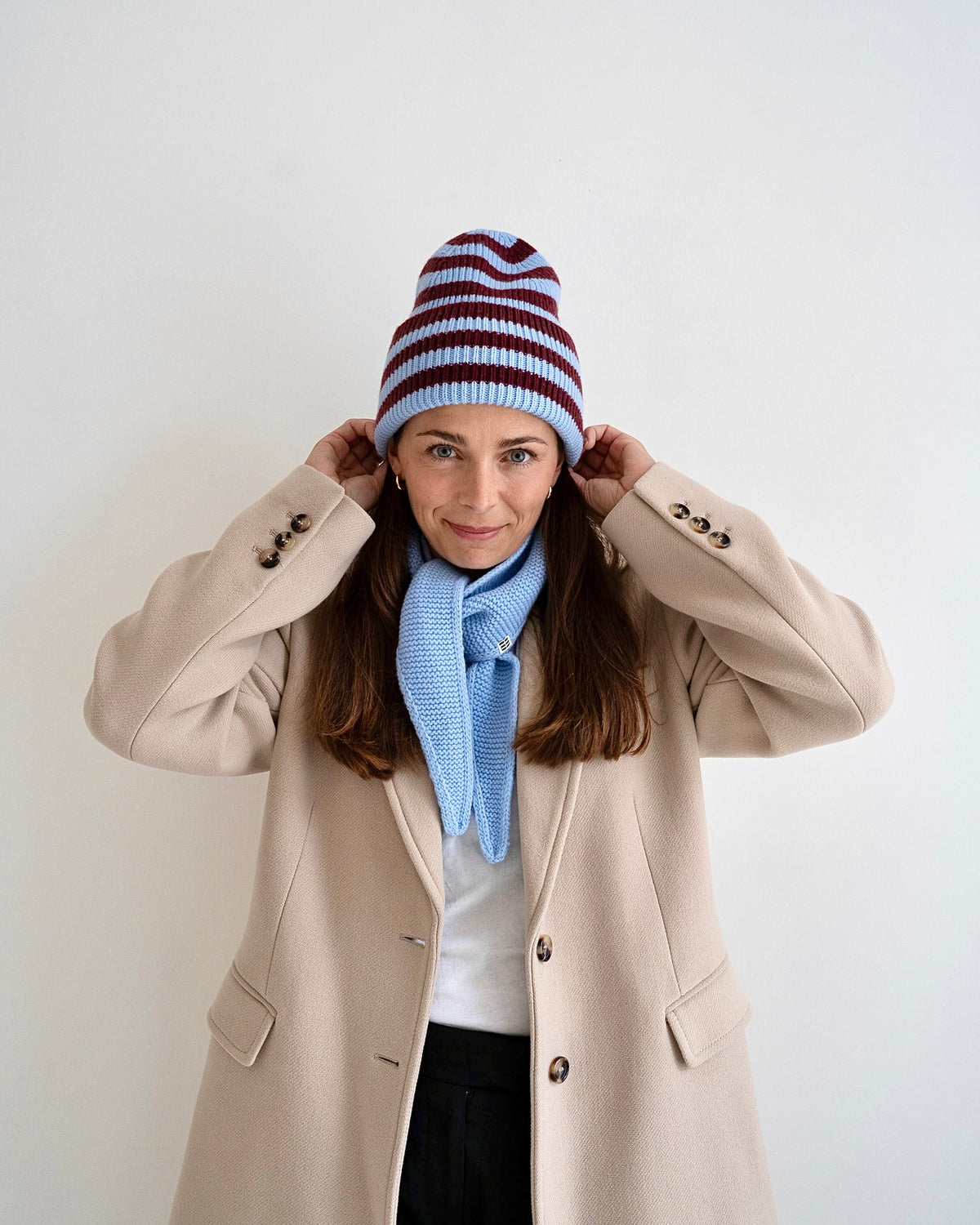Merino Beanie Striped – Sky Blue x Burgundy