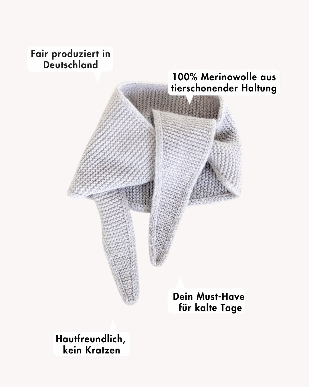 ein mini schal mit beschreibung von vorteilen in grau
