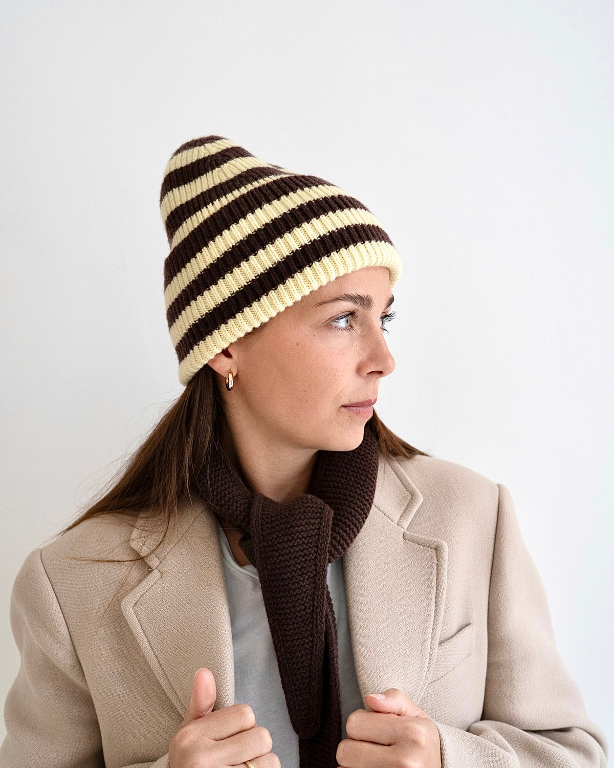 Merino Beanie Striped – Yellow/Mocha