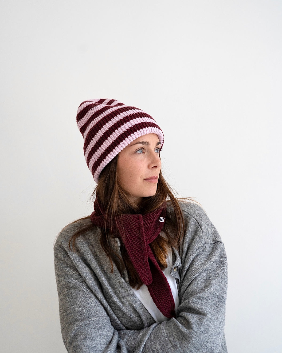Merino Beanie Striped – Blush/Burgundy