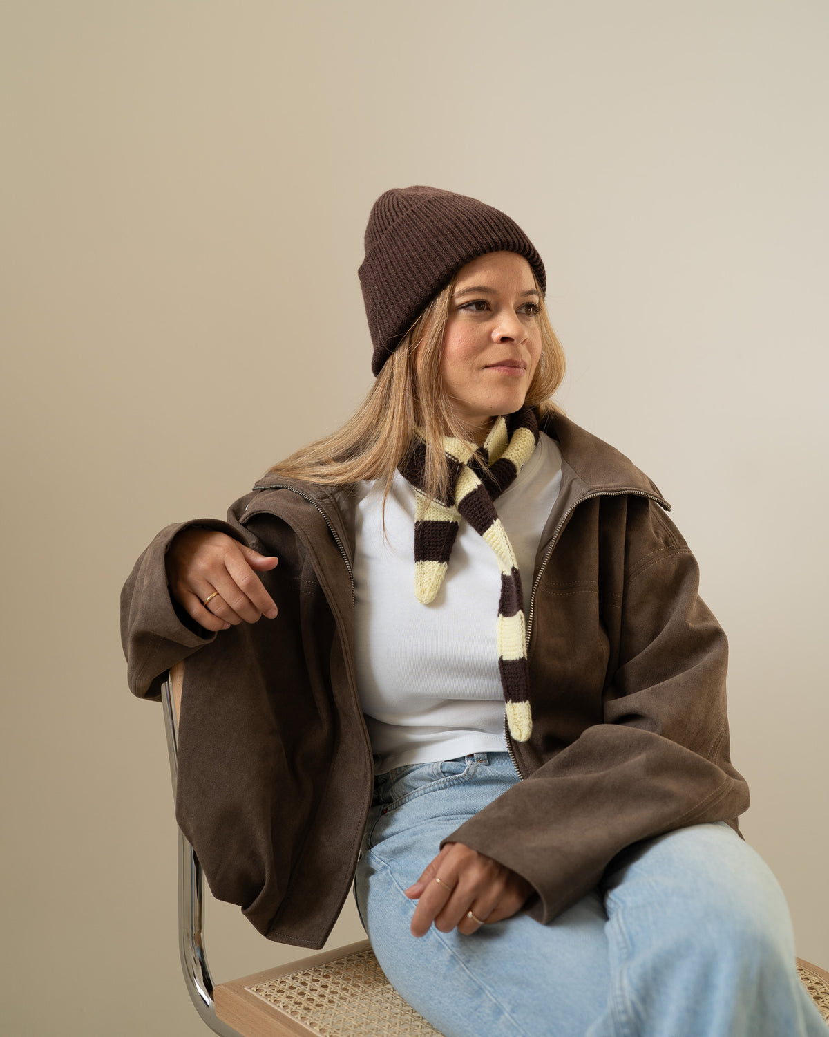 Set aus Beanie und Striped Mini Scarf – Yellow/Mocha
