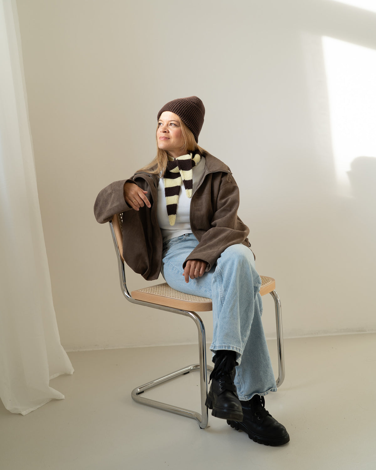 Set aus Beanie und Striped Mini Scarf – Yellow/Mocha