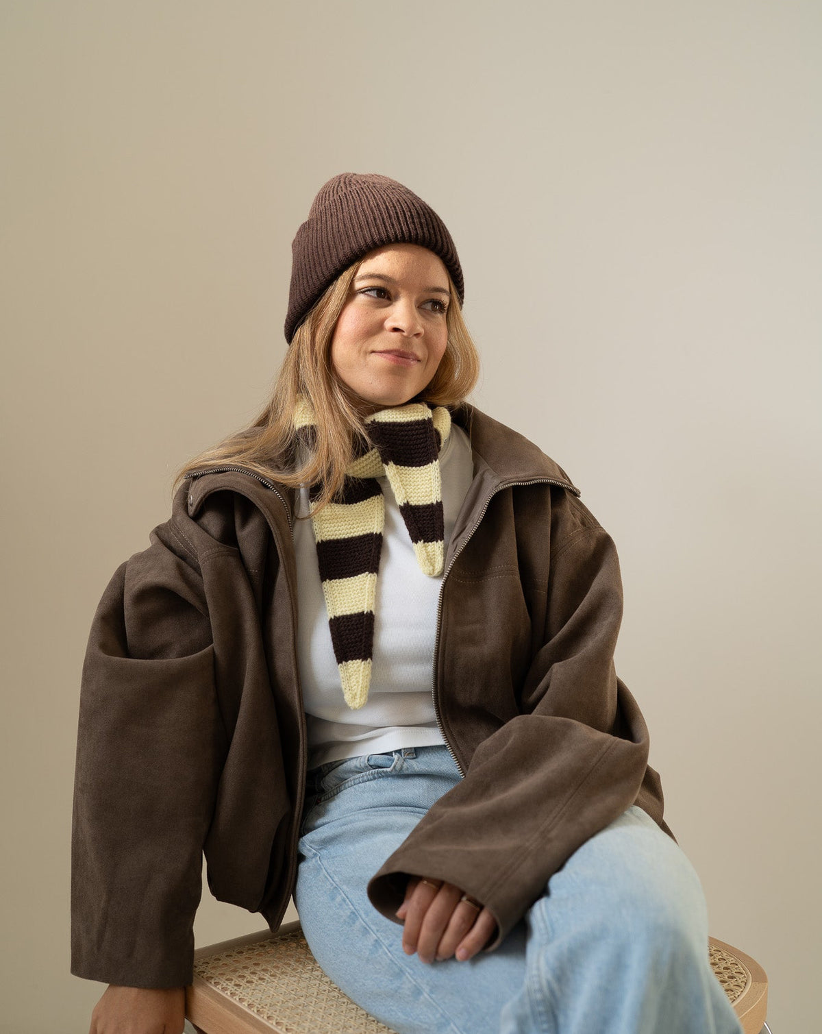 Set aus Beanie und Striped Mini Scarf – Yellow/Mocha