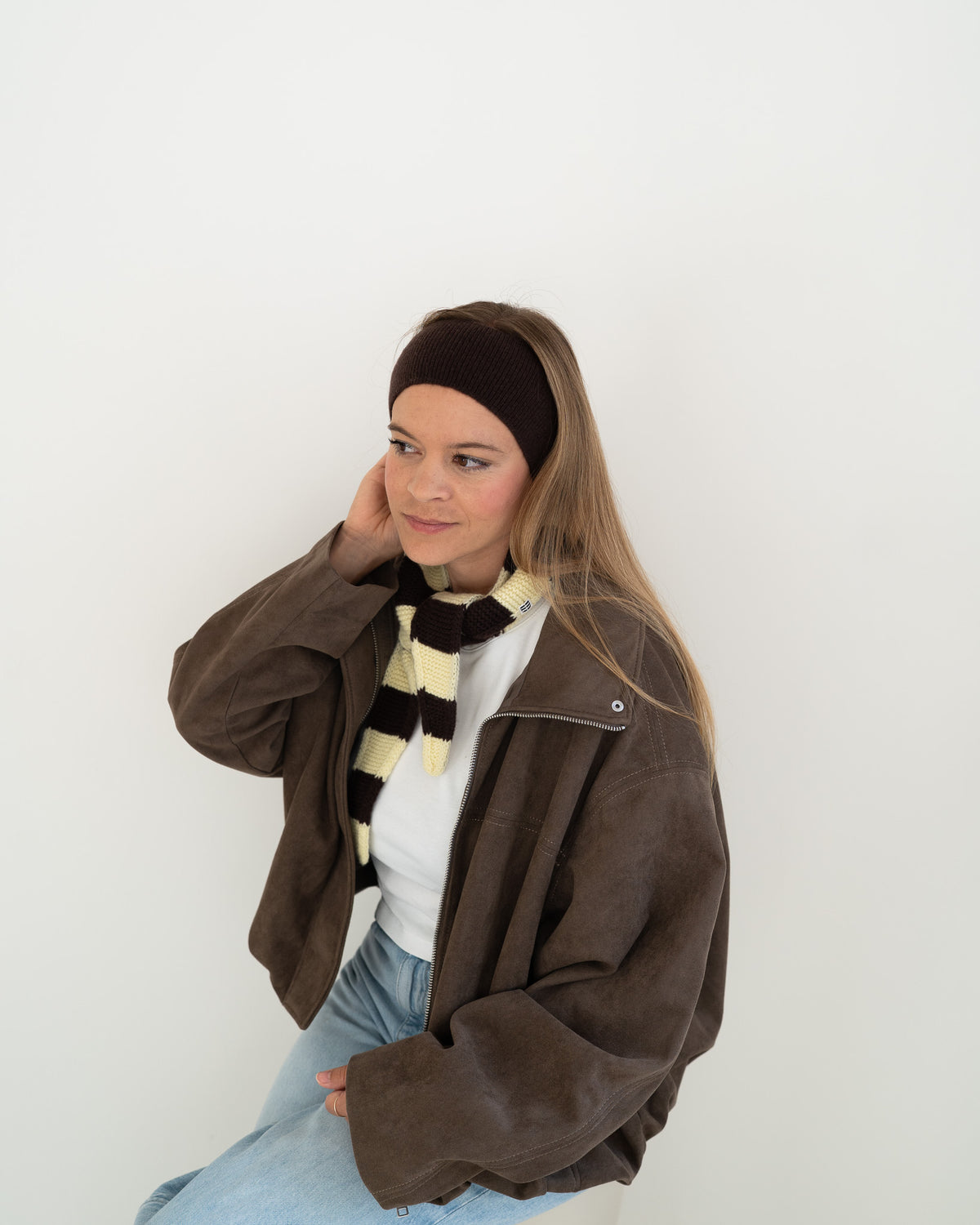 Set aus Stirnband und Striped Mini Scarf – Mocha/Yellow