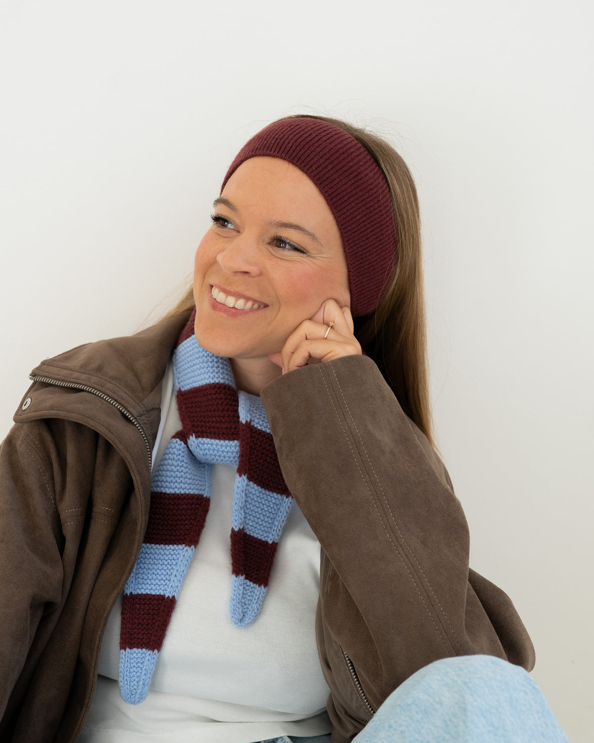 Set aus Stirnband und Striped Mini Scarf – Burgundy/Sky Blue