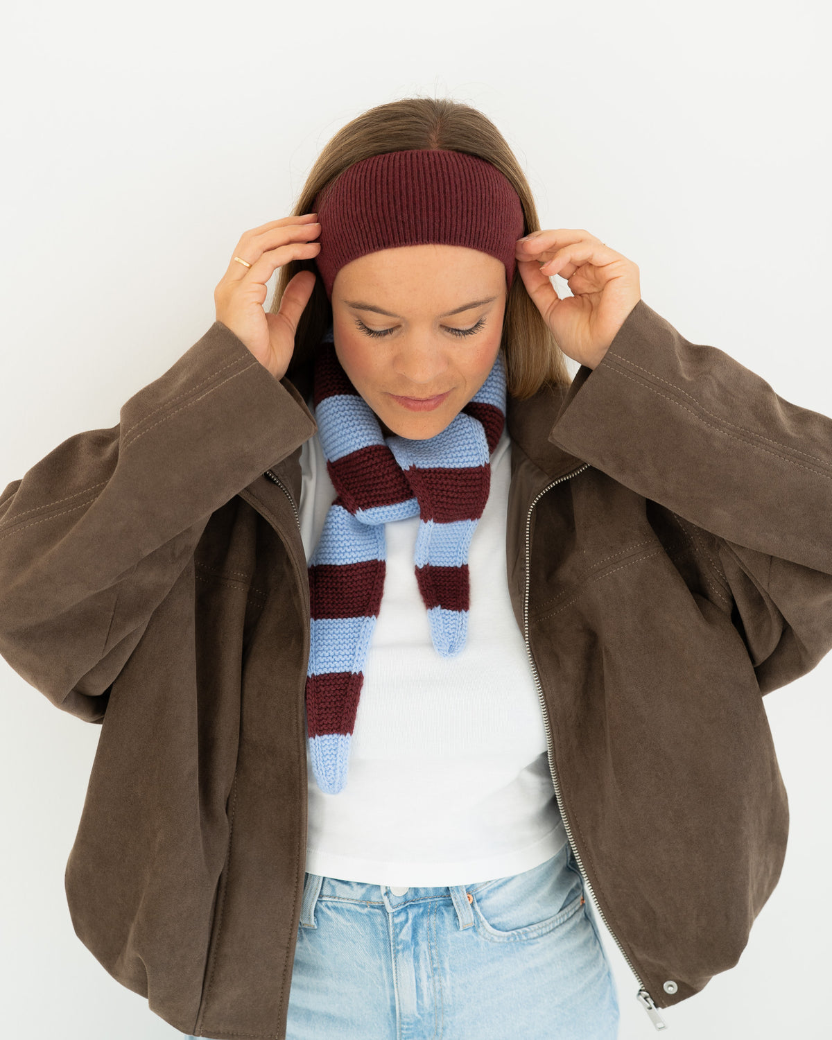 Set aus Stirnband und Striped Mini Scarf – Burgundy/Sky Blue