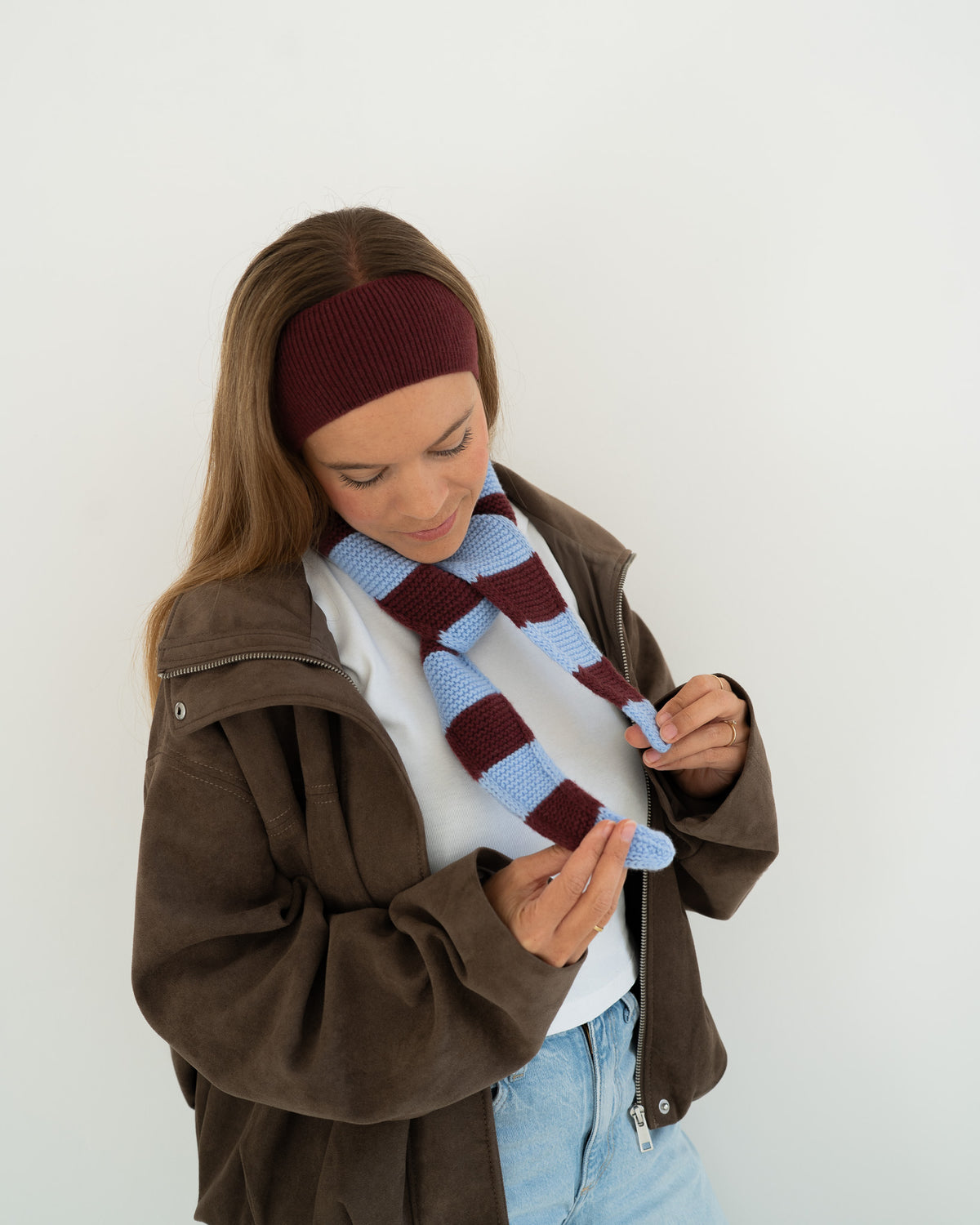 Set aus Stirnband und Striped Mini Scarf – Burgundy/Sky Blue