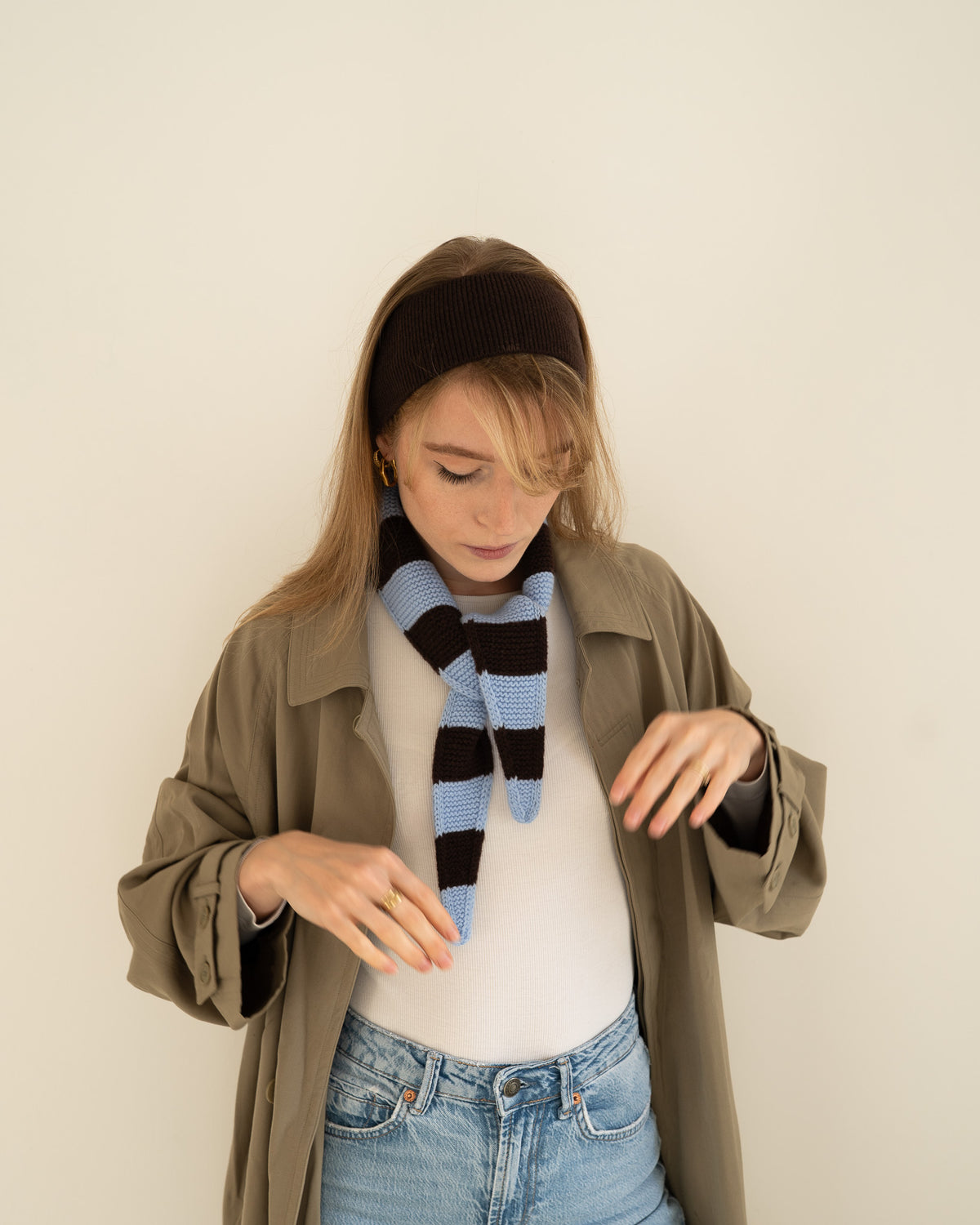 Set aus Stirnband und Striped Mini Scarf – Mocha/Sky Blue