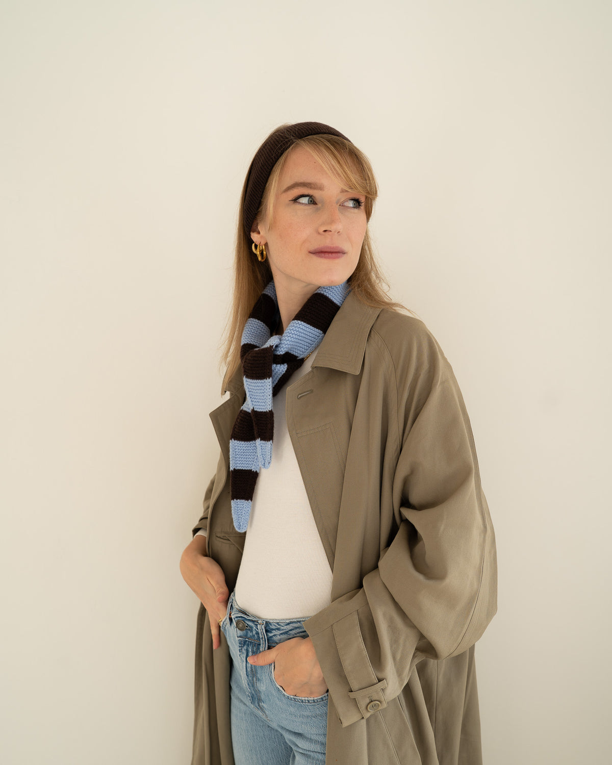 Set aus Stirnband und Striped Mini Scarf – Mocha/Sky Blue