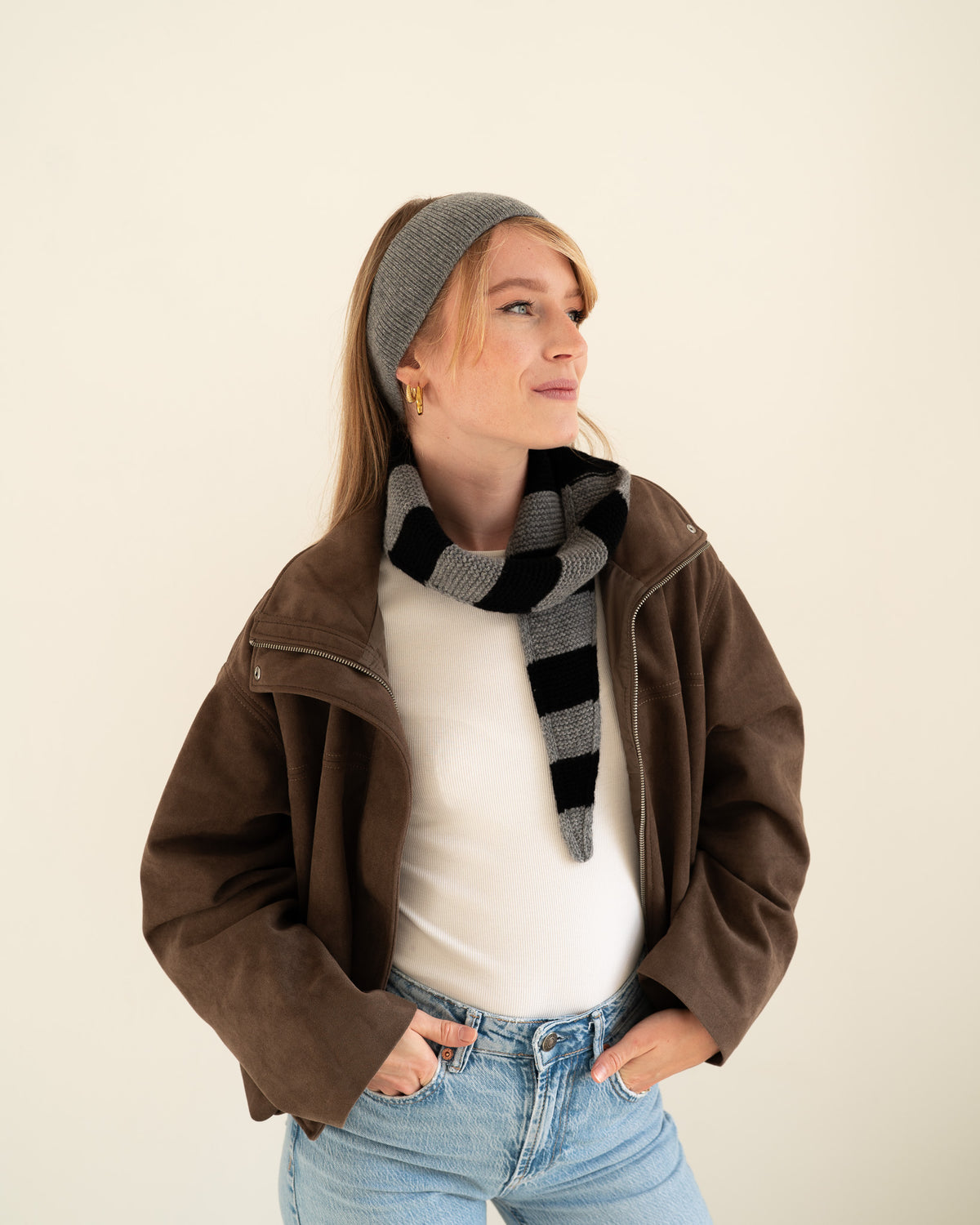 Set aus Stirnband und Striped Mini Scarf - Cloud Grey/Black
