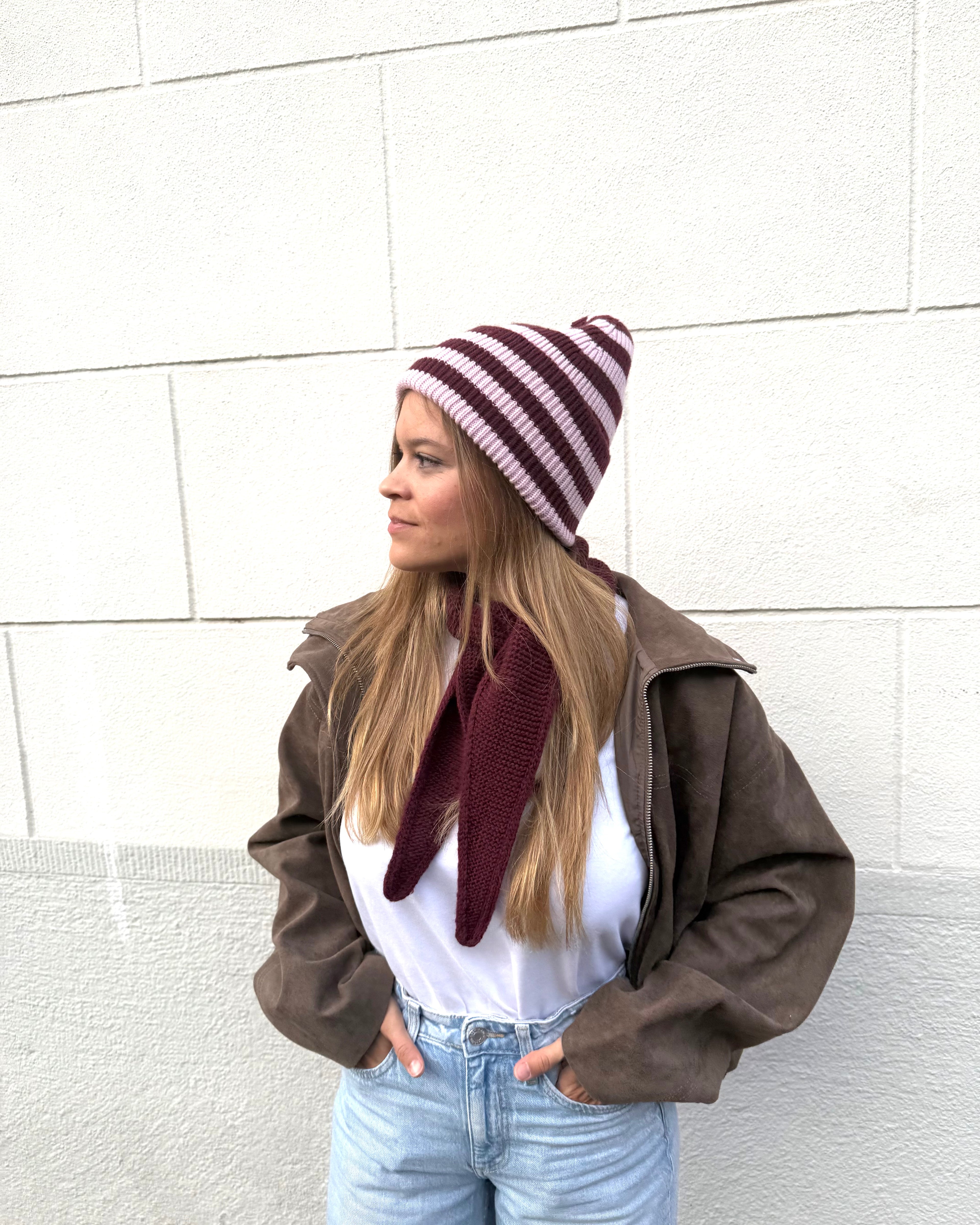 Merino Beanie Striped – Blush/Burgundy