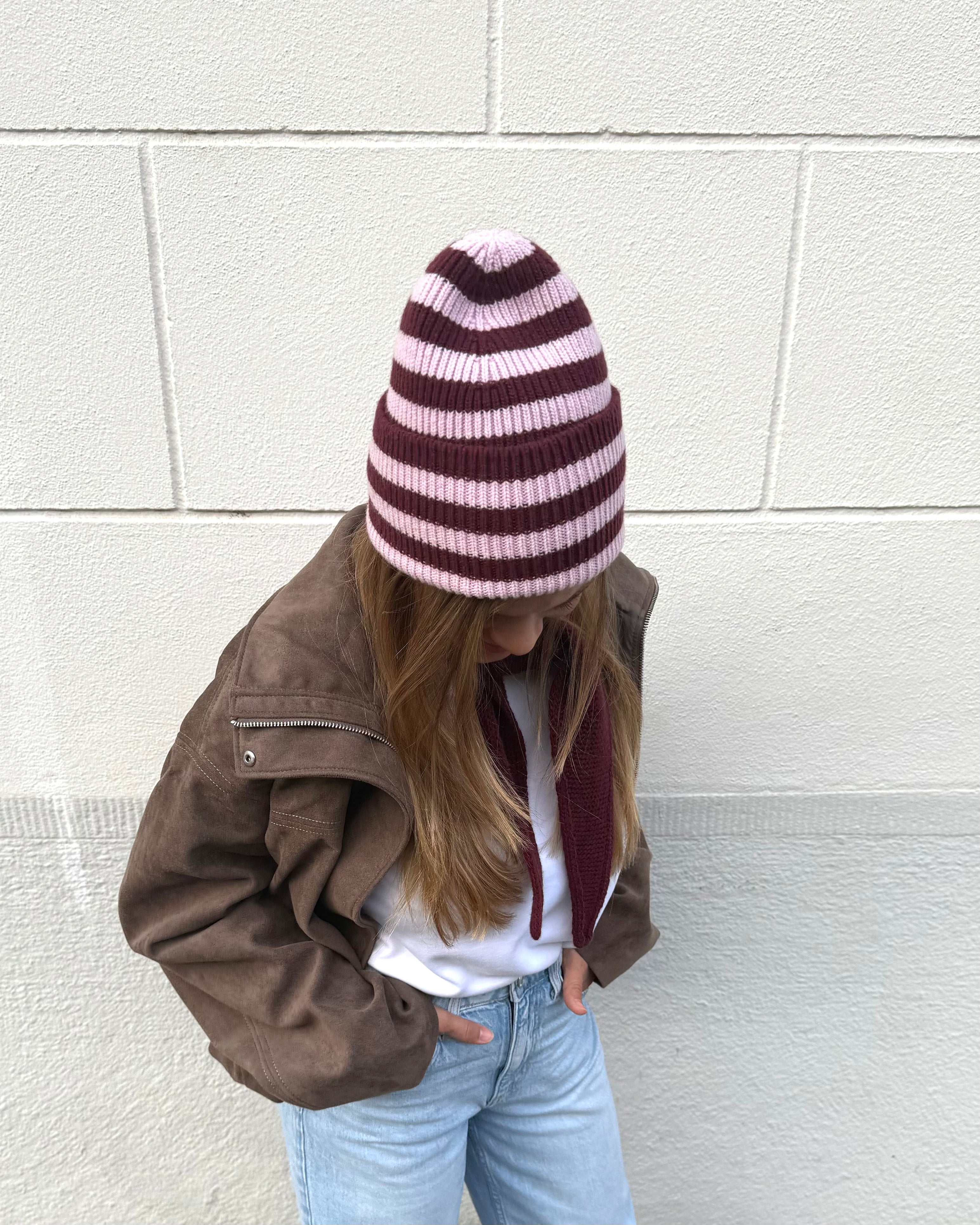 Merino Beanie Striped – Blush/Burgundy