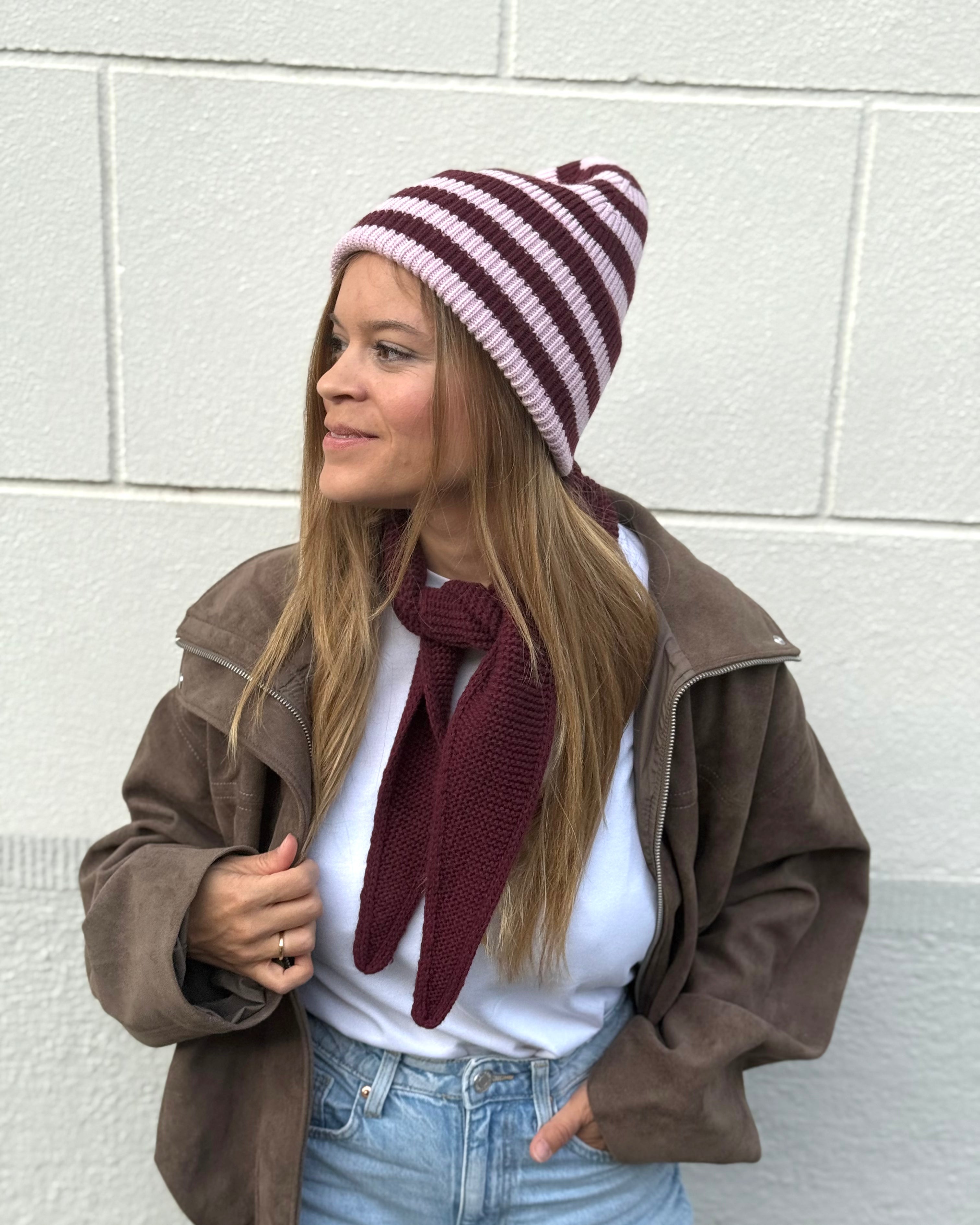 Merino Beanie Striped – Blush/Burgundy