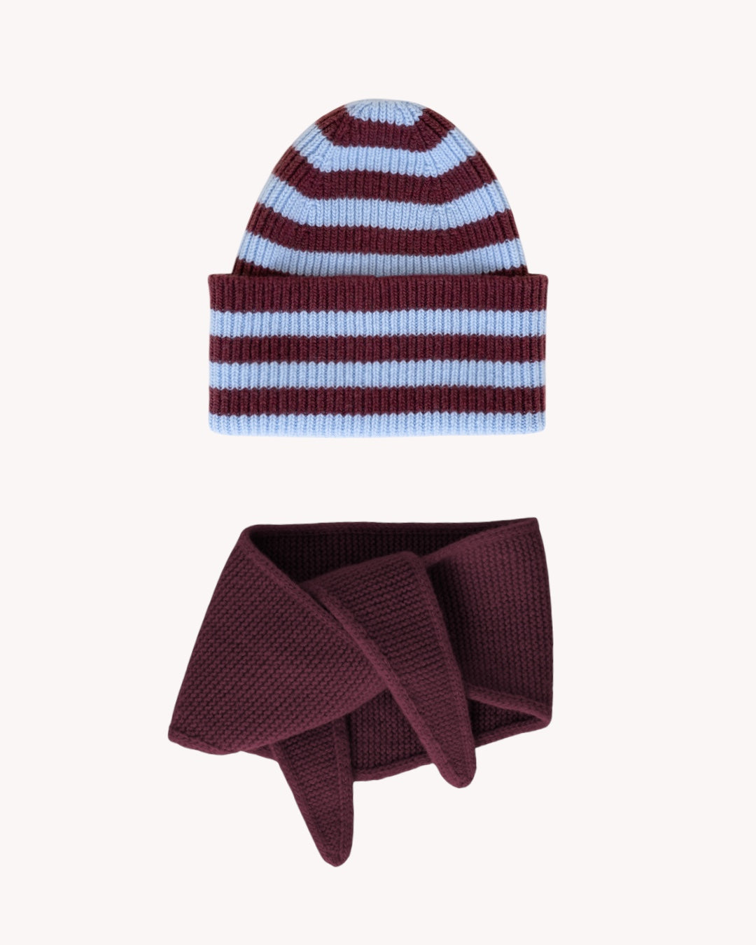 Set aus Striped Beanie und Mini Scarf – Burgundy/Sky Blue