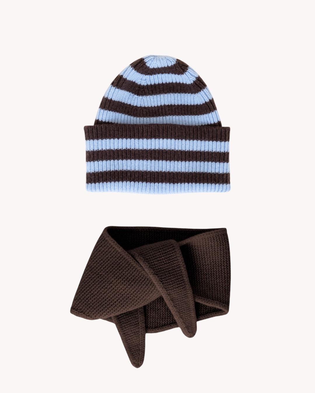 Set aus Striped Beanie und Mini Scarf – Mocha/Sky Blue