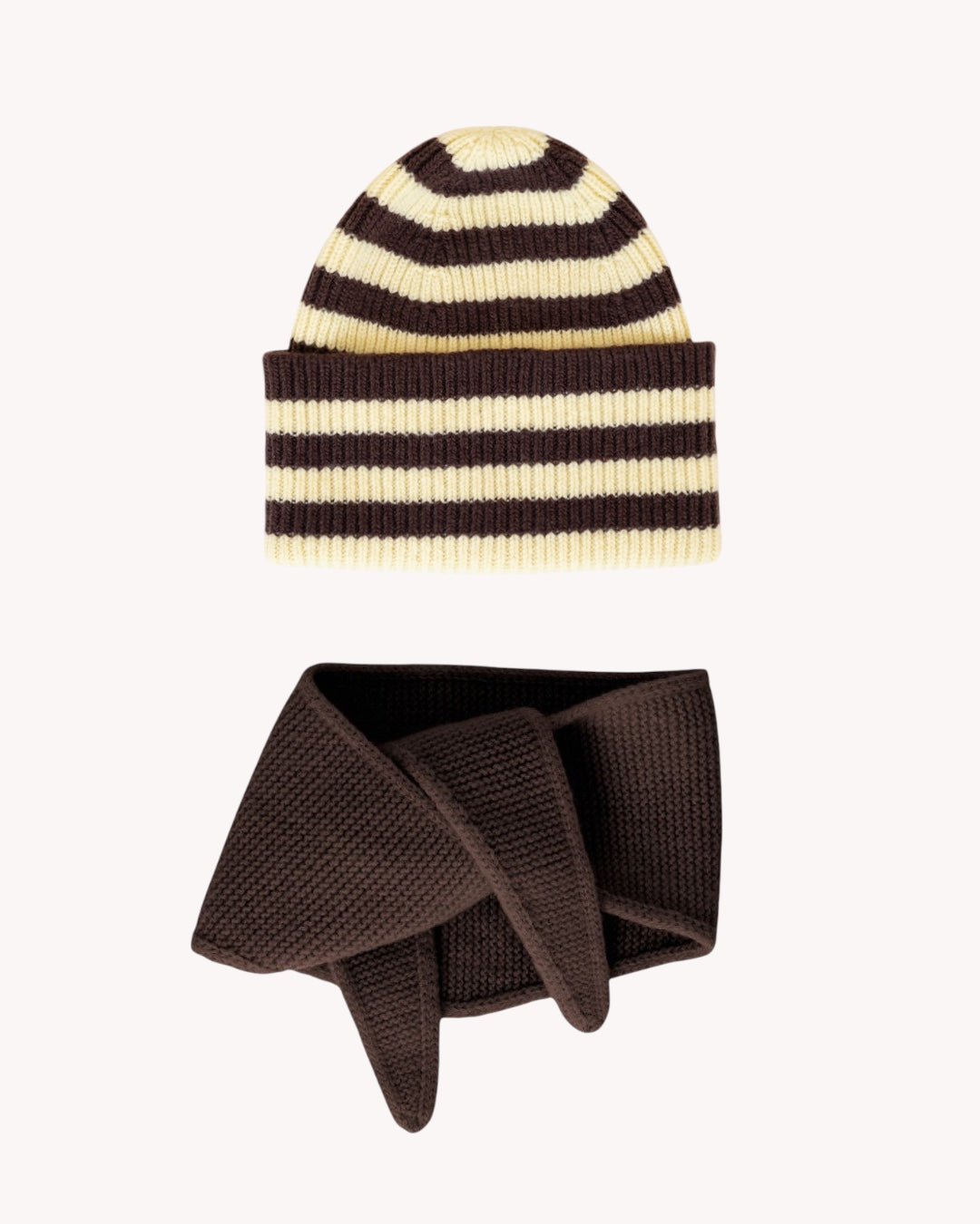 Set aus Striped Beanie und Mini Scarf – Mocha/Yellow