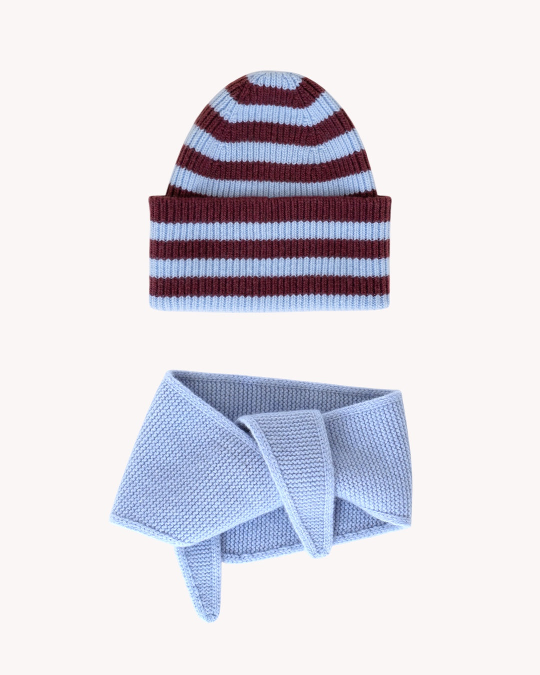 Set aus Striped Beanie und Mini Scarf – Sky Blue/Burgundy