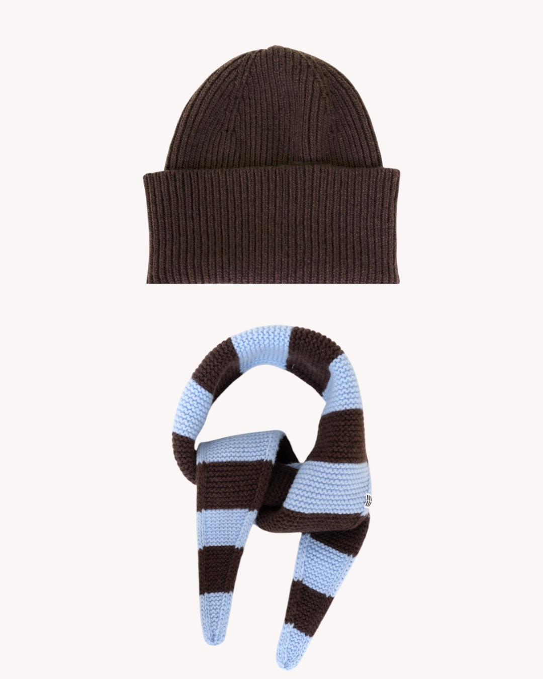 Set aus Beanie und Striped Mini Scarf – Mocha/Sky Blue