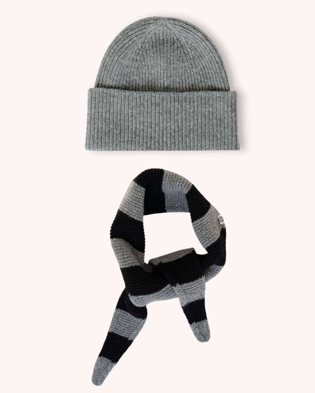 Set aus Beanie und Striped Mini Scarf – Cloud Grey/Black