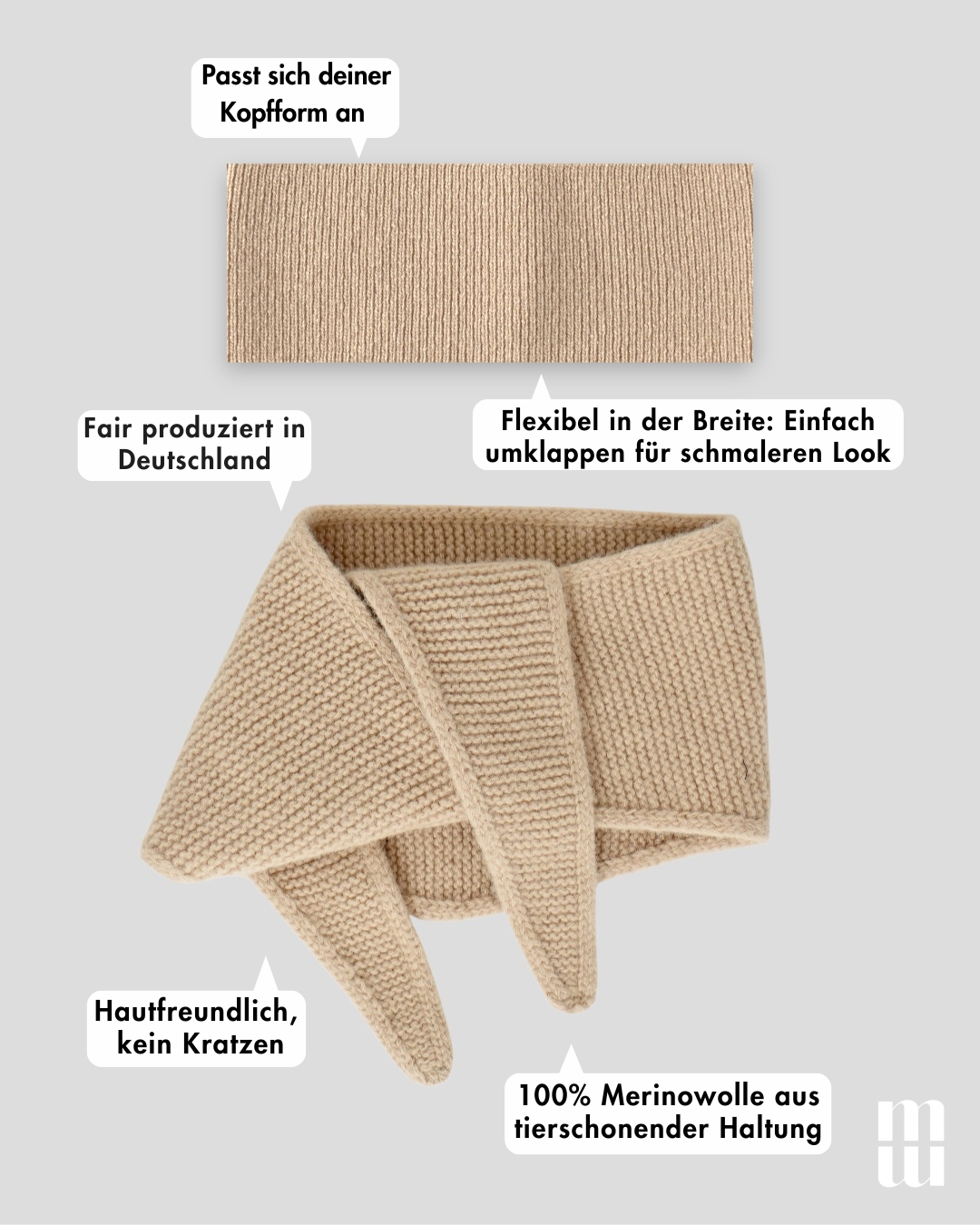 frontansicht eines haarbands und eines mini schals aus merinowolle in beige inklusive produktvorteilen